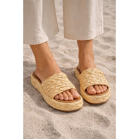 a new day Shoes - Women Raffia Platform Slide Sandals Woven Straw Natural Summer Size 6